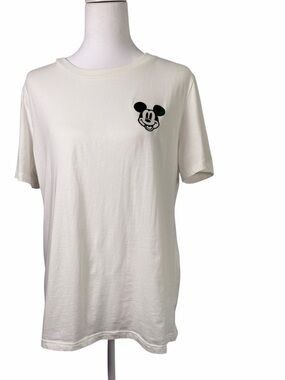 Disney White Short Sleeve Tee, Black Embroidered Retro Style Mickey Patch Size L